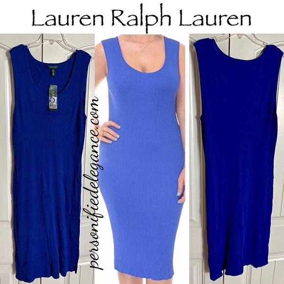 NEW Lauren Ralph Lauren Blue Ribbed Knit Sleeveless Knee Length Dress Size XL - Picture 1 of 13
